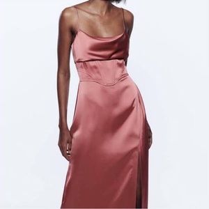 Zara // pink satin corset slip dress with slit